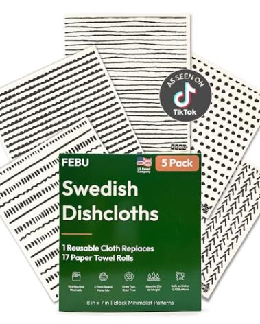FEBU Swedish Dishcloths for Kitchen | 5 Pack Black Minimalist Reusable Paper Towels Washable | Swedish Dish Towels | Non-Scratch Cellulose Sponge Cloths | No Odor, Biodegradable Cleaning Cloths