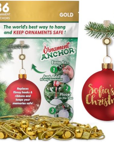 ORNAMENT ANCHOR Ornament Hooks for Hanging Christmas Decorations - No-Slip Hanging Hooks for Xmas - Heavy Duty Christmas Tree Ornaments Hanger Hooks for Large 36 Gold