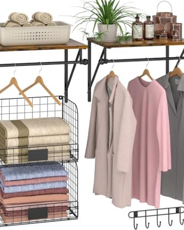 Laundry Room Shelves Wall Mounted with Wire Baskets, Over the Washer and Dryer Shelf with Clothes Drying Rack, Wire Shelves Baskets for Laundry Closet Organization and Storage, Wood+Metal, Black