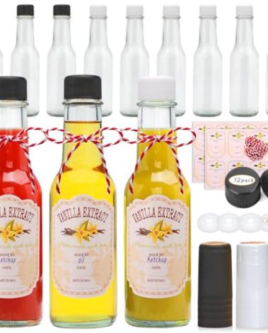 Cadamada 5 oz Hot Sauce Bottles, Woozy Bottles, Glass Bottle with White Lid, Leak Proof Screw Lid, For Oil, Sauces, Vodka, Ketchup, Tabasco, Honey, Great for the Kitchen, Gift Giving, Set of 12