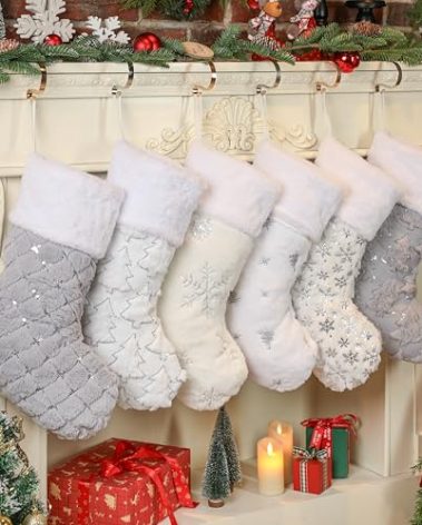 Amorita White Christmas Stockings Set of 6 - Lage Elegant Xmas Stockings with Silver Christmas Tree Snowflake Designs, Fluffy Grey and White Christmas Stockings for Holiday Party Decorations 20 inch