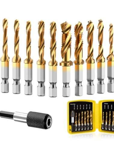 THINKWORK Combination Drill Tap & Tap Bit Set, 3-in-1 Titanium Coated Screw Tapping Bit Tool for Drilling, Tapping, Countersinking, with Quick-Change Adapter, 13 PCS SAE/Metric