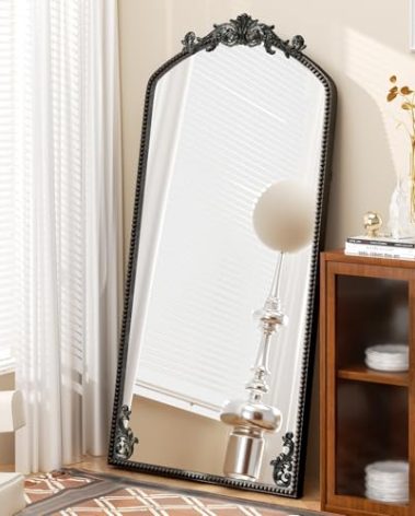 Black Arched Full Length Mirror 71"×32", Large Baroque Inspired Floor Mirror, Ornate Antiqued Hanging Mirror for Wall with Tempered Glass and Metal Frame, Living Room/Bedroom/Hallway/Home Decor