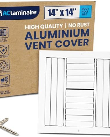 14x14 Inch (Duct Opening) Aluminum 4-Way Air Flow Vent – HVAC Vent Cover for Wall or Ceiling – Quiet HVAC Wall Register - Multi-Shutter Damper – Adjustable Curved Blade - Plastic Seal for Tight Fit