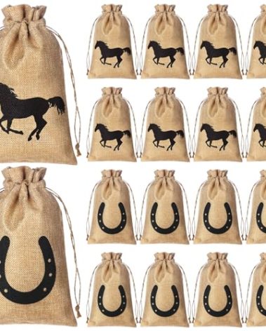 Vincreem 16 Pieces Western Horse Gift Bags Cowboy Party Favor Bags with Drawstring Reusable Treat Goodie Candy Sackpacks Horsehead and Horseshoe Pattern for Cowboy Birthday Party Favor(6x8 Inch)