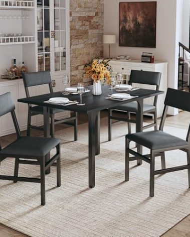 HUAHUU Dining Table Set for 4, Extendable Kitchen Table Cushion Chairs Set of 4, Rectangle Dining Table with Metal Frame & MDF Board, Folding for Small Apartment Saving Space, Black
