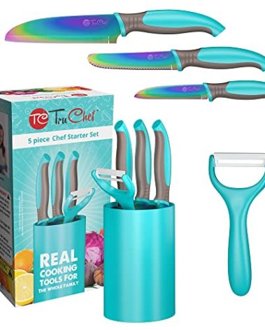 TruChef 5-Piece Kids Cooking Chef Knife Set | Real Stainless Steel Knives with Peeler, Serrated Knife & Holder | Kids Safe Rounded Tips, Easy-Grip Handles | Kitchen Knife Set (5 pcs, Aqua)