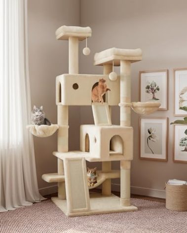 SHA CERLIN 65in Larger Cat Tree Tower Condo for Indoor Kitties/Multi-Level Furniture Activity Center with Wide Base/Cozy Plush Cat Perches/Baskets/Sisal Scratching Posts and Hammock/Beige