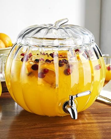 Home To Table 2.11 Gallon Clear Glass Pumpkin Ice Cold Jug Beverage Dispenser With Stainless Steel Easy Flow Spigot/Trick Or Treat Bowl Great For Outdoors, Parties, Bars & Daily Use