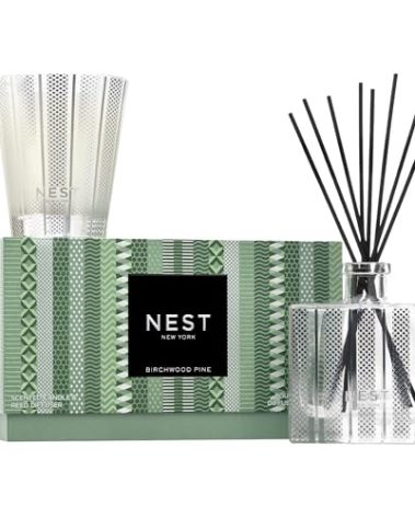 NEST New York Scented Classic Christmas Tree Candle (8.1 oz) & Diffuser (5.9 fl oz) Set, Birchwood Pine - Reusable Glass Vessel - Vegan, Cruelty Free