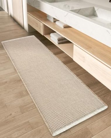 AMOAMI Upgraded Waffle Runner Rug Super Absorbent Non Slip Bath Mats for Bathroom Machine Washable Bathroom Runner Rug with Tassels, Ideal for Hallway Bedroom Laundry Room, Brown&Cream, 17" x 72"