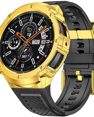 Deczone Silicone Bnad with Stainless Steel Case Cover Compatible with Samsung Galaxy Watch 5 Pro 45mm bands Protective Case cover for Men (Gold)