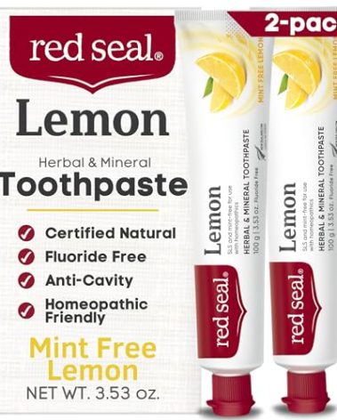 Red Seal Fluoride Free Lemon Toothpaste - Flavored Toothpaste with a Non Mint Taste - Vegan Friendly, Cruelty Free, No Artificial Colors or Flavors, NATRUE Certified Natural, SLS Free, 3.53 oz (2)