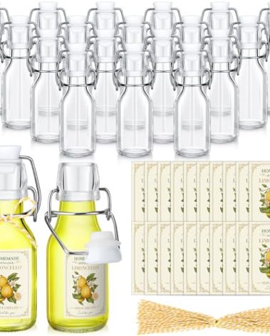 Havawish 20 Sets 4 oz Limoncello Bottles Swing Top Glass Bottles for Homemade Clear Flip Top Mini Limoncello Bottle with Labels Airtight Cap Lids for Home Brewing Wedding Baby Shower Gifts