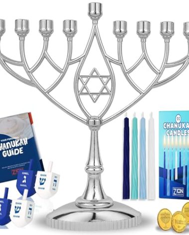 Last Minute Complete Hanukkah Menorah Kit - 9" Menorah, 44 Colored Hanukkah Candles, Chanukah Handbook Guide, 4 Colored Dreidels, Chocolate Gelt Coins - Chanukkah Essentials in 1 Box by Zion Judaica
