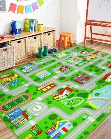 Capslpad Green Car Road Kid Rug Carpet Playmat for Playoom Traffic Road Kids Play Mat for Toddler Non Slip Washable City Map Race Track Carpet Rug for Kids Room Bedroom Nursery Room Decor,6.6'x5'