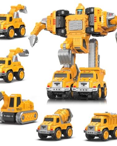 Toys for 3 4 5 6 Year Old Boys– 5-in-1 Detachable Construction Vehicles Set–Transform Robot Kids Toys Cars– Easy DIY Toys for Ages 5+ – Gifts for Boys Girls Birthday Christmas Easter