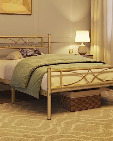 Topeakmart Metal Bed Frame with Curved Design Headboard and Footboard,13 Inches Underbed Storage, 12 Built-in Steel Slats, No Box Spring Needed, Twin,Antique Gold