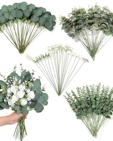 110 Pcs 7 Kinds Mixed Artificial Eucalyptus Stems and Faux Flowers,Fake Silver Dollar Eucalyptus Leaves Stems Bulk Real Touch Leaf Branches for DIY Bouquets Floral Arrangement Wedding Home Decor