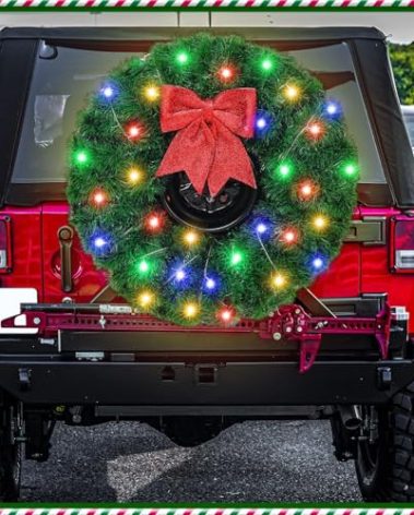 Daifunli Christmas Car Wreath Spare Tire Decoration LED Spare Tire Cover DIY Kit Include 150ft Tinsel Green Garland Large Red Bow 80 LED String Lights for Truck SUV Holiday Outdoor Decor(Luxury Set)