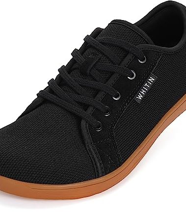 WHITIN Men's Extra Wide Width Casual Barefoot Sneakers Low Drop Sole W81 Size 12.5W Minimus Weightlifting Minimalist Shoes Fashion Walking Black Gum 46