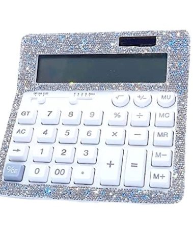 Rhinestone Crystal Calculator - Standard Desktop Calculator with 12 Digit LCD Display, Battery & Solar Powered, Bling Design for Women & Girls (White)