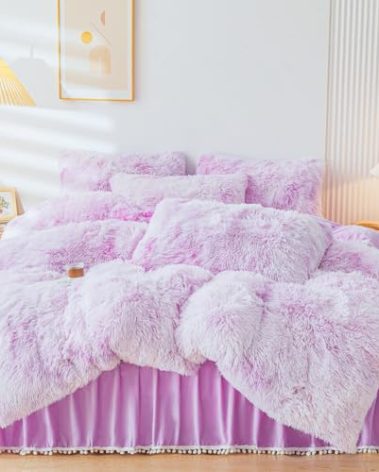 ERLOXO Fluffy Tie Dye Purple Faux Fur Comforter Cover Set Twin，Fluffy Fuzzy Plush Tie Dye Purple Bedding 2Pcs (1 Faux Fur Duvet Cover +1 Fuzzy Pillowcases) Bed Set Twin
