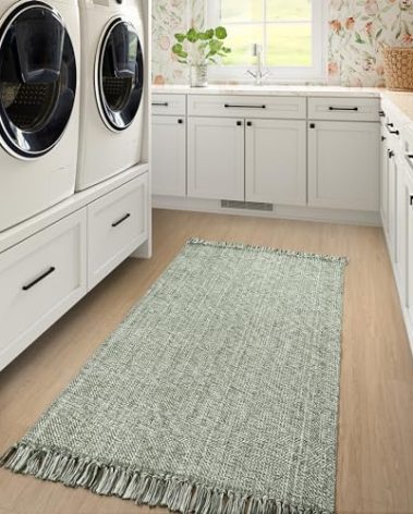 Collive Washable Area Rug 3' x 5', Modern Woven Kitchen Rugs, Olive Green/Cream Braided Cotton Rug Indoor Door Mat Throw Carpet for Entryway Living Room Nursery Mudroom Laundry Room