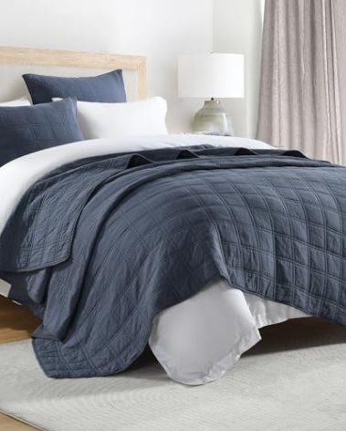 HORIMOTE HOME 100% Cotton Quilt Set King Size, Denim Blue Pre-Washed Bedspreads Coverlet Set in Geometric Pattern, Cozy Lightweight Stitching Decorative Bedding Cover with 2 Shams for All Season