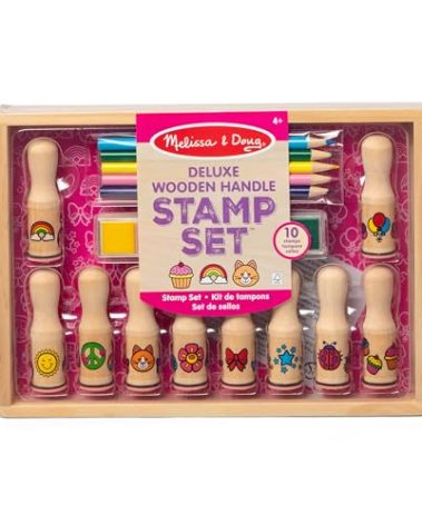 Melissa & Doug Deluxe Happy Handle Stamp Set with 10 Stamps, 5 Colored Pencils, and 6-Color Washable Ink Pad