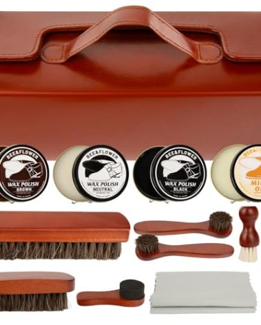 BEE&FLOWER Shoe Polish Kit - 15PCS Luxury Leather Care Set with Horsehair Brush & Wooden Applicator | Cleaning Shine Care Barrel Set | Portable Travel Case Included for Brown/Black Shoes (red-brown)