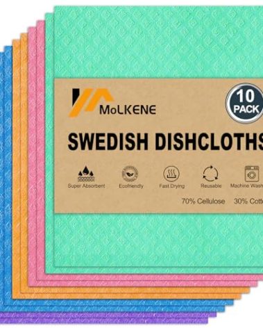 MoLKENE Swedish Dish Cloths - 10 Pack Reusable Kitchen Dishcloths - Ultra Absorbent Dish Towels for Washing Dishes - Cellulose Sponge Cloth Cleaning Rag - Assorted
