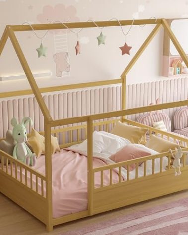 Bellemave Full Size Montessori Floor Bed with High Fence, Roof and Door, Wood Montessori Bed Full Size, House Beds for Kids, Girls, Boys,Natural