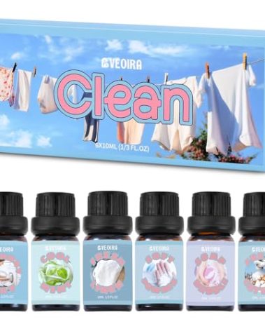 Clean Fragrance Oils Set, AVEOIRA Essential Oils Set for Diffuser, Candle, Soap Making Scented Oils, Fresh Linen, Cool Mint, Soap Bubble, Laundry Day, Soft Powder, Fresh Cotton, 6x10ml