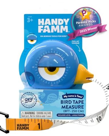 Handy Famm 8ft Blue Bird Tape Measure for Kids – STEM Educational Tool with Level, Protractor, Retractable Design - DIY Construction Toy, Child-Safe Measuring Tapes, Gift for Boys & Girls 3+
