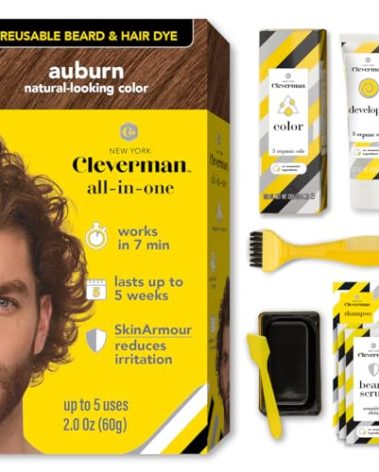 CLEVERMAN Auburn Hair & Beard Dye for Men - All-in-One Reusable Kit, Fast-Acting, Long Lasting, Ammonia-Free, Professional Quality for Hair, Beard & Gray Mustache - Semi-Permanent Extended
