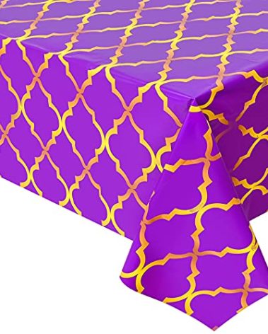 Lecpeting 2 Pcs Arabian Tablecloth Purple Gold Lattice Plastic Table Covers 87 x 51 Inches Arabian Nights Themed Party Decorations for Birthday Party Supplies