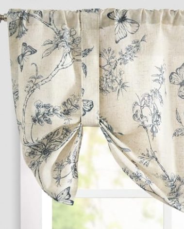 Lazzzy Kitchen Tie Up Curtain Linen Floral Farmhouse for Living Room Bathroom Bedroom Country Window Treatments Small Cafe 18 Inch Rod Pocket Blue on Beige