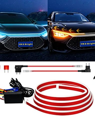 Dynamic Scan Start Up Hood Light Strip Sequential Flowing Turn Signal Lights Flexible Car Led Light Strip Exterior DRL Daytime Running Light,Dual Color Amber Ice Blue Switchback 12V 59inch (1Set)
