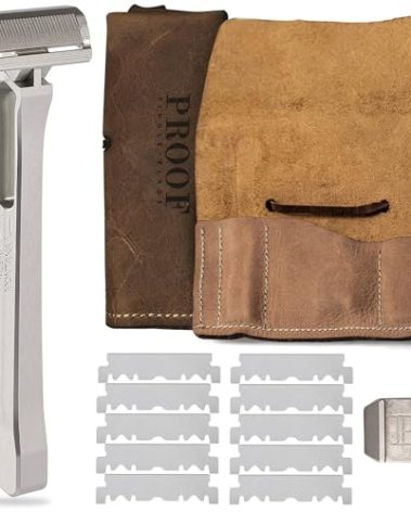 PROOF Select Single Blade Razor for Men with Pivoting Head Made in USA - CNC Machined Aluminum Easy Blade Replacement - Includes Genuine Leather Travel Case, Suction Cup Holder and Safety Razor Blades