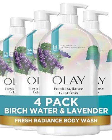 Olay Body Wash for Women, Fresh Radiance, Refreshing & Renewing, Made with Plant Based Cleansers, B3 Botanical Complex, For All Skin Types, Birch Water & Lavender Scent, 33 fl oz (Pack of 4)
