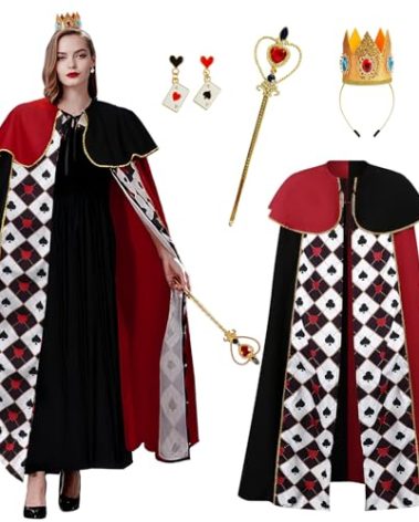Queen of Hearts Costume for Women Red Queen Cape with Accessories Dress Up Adults Cosplay Princess Costume Crown Set