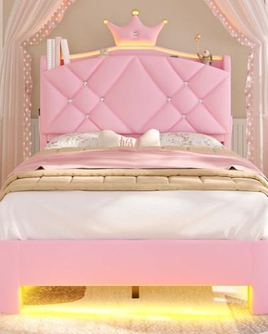 MSmask Twin Bed Frame with LED Lights, Princess Upholstered Bed with Headboard with Charging Station & Crystal Button & Crown, Velvet Platform Bed for Girls, Solid Wood Slats, Curved Legs, Pink