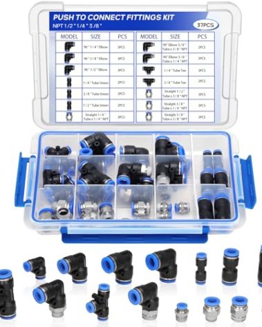 37Pcs Push to Connect Air Fittings Kit - 1/4", 3/8", 1/2" Nylon Tubing Quick Connect, High Temp Resistant, for Industrial/Horticulture/Automotive (Straight/Elbow/Union/Tee/NPT)