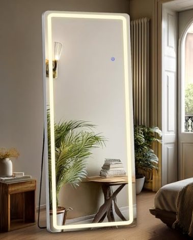 DUMOS LED Full Length Mirror, 20"×63" Floor Standing Mirror with 3 Color Lights & Wall Mounted for Bedroom, Dressing Room, Living Room, Bathroom