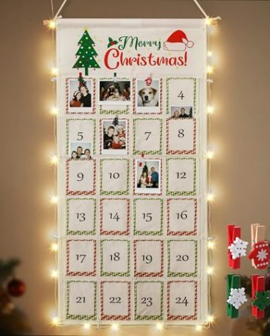 ElectricWise Christmas Picture Countdown Board, Photo Advent Calendar with Christmas Clips, Photo Display Collage Board with Pockets, Reusable Festival Memory Countdown (33 In)