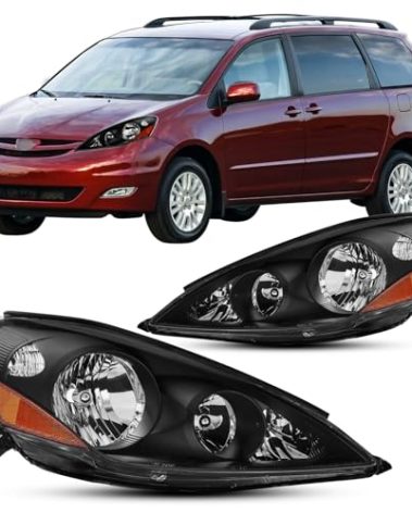 2pcs Halogen Headlights Assembly For 2006 2007 2008 2009 2010 Toyota Sienna CE LE XLE Limited Replacement OEM Headlamp Passenger and Driver Side With Black Amber Reflector TO2503172 TO2502172 W/O HID