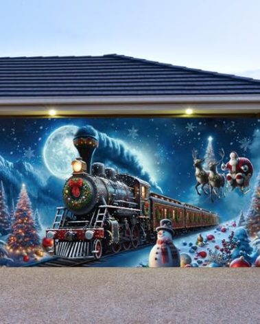 Preboun Christmas Polar Believe Garage Door Decoration 7 x 16 ft Vintage Believe Train Garage Door Banner Cover Polar Santa Garage Backdrop for Xmas Eve Holiday Outdoor Wall Decor