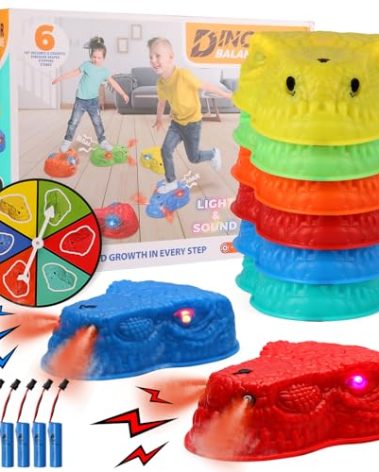 FIIOEOY 6 Pcs Dinosaur Stepping Stones for Kids, Light up Mist Spray & Roaring Non-Slip Balance Stepping Stones with 6 Rechargeable Batteries, Indoor & Outdoor Toys for Toddlers Ages 3-5