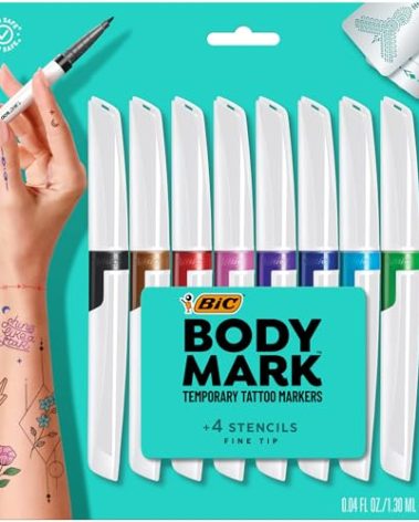 BIC BodyMark Temporary Tattoo Markers for Skin, Precision Series, Fine Tip, 8-Count Pack of Assorted Colors, Skin-Safe*, Cosmetic Quality